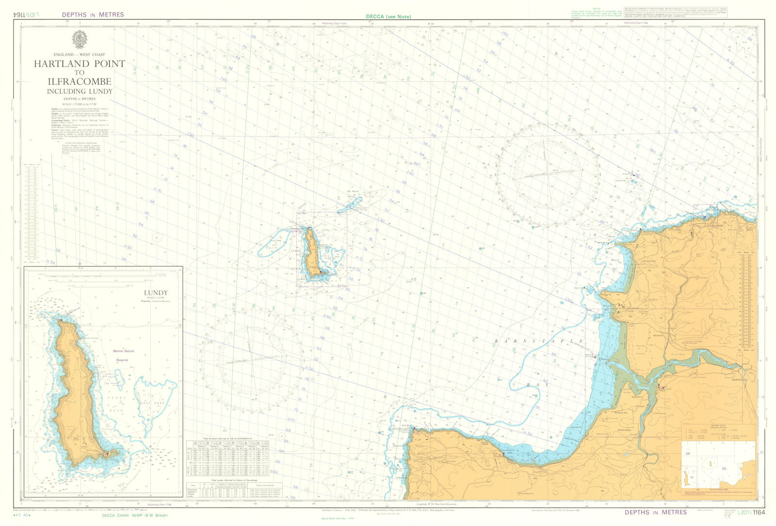 Devon. Hartland Point-Ilfracombe. Lundy. Admiralty chart #1164. 1974 (1991) map